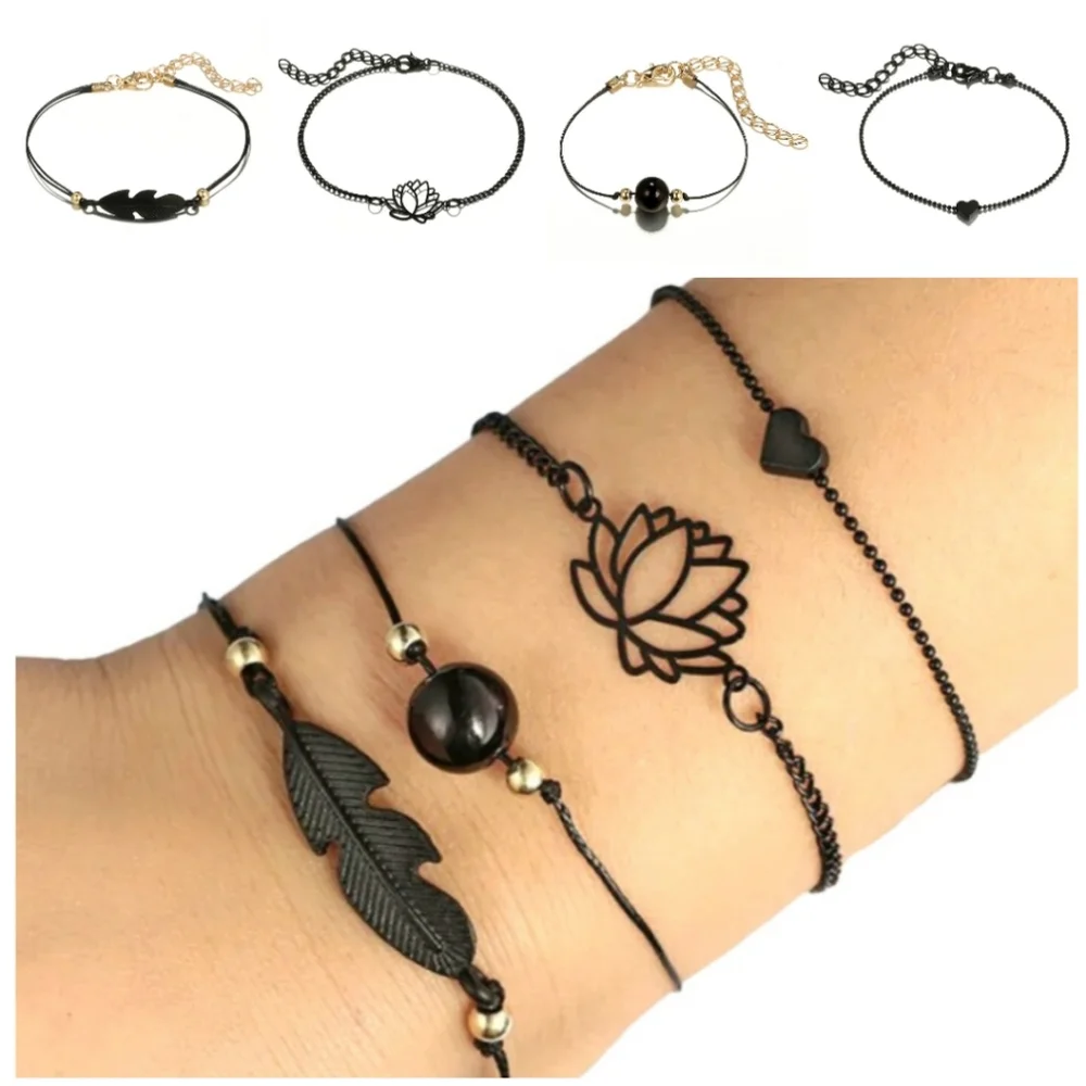 4pc Black & Gold Charm Layering Bracelets Feather Lotus Flower Heart Bead - Picture 11 of 13